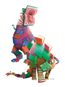 CSLP_2026_Book_Dinos_Pose_2 2 dinosaurs created out of books. One is a carnivore on two legs, an open book with sharp teeth is drawn as its' mouth. The other appears to be a longer necked herbivore with dorsal vertebrae made out of open books.
