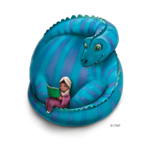 CSLP_2026_CurledPurpleDinoReader A large, long necked blue dinosaur with purple stripes sits with its' tail wrapped around its legs. Sitting on the dino's legs, reading to the dinosaur is a young girl in a purple dress and cream head covering.