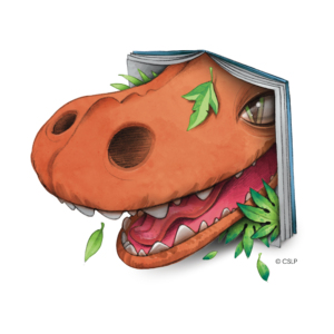 CSLP_2026_Dino_Face_Book An open book with leaves and a dinosaur's face emerging from the pages.