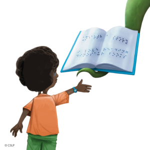 CSLP_2026_Dino_Holding_Braille_Book Coming out of the top right of the frame is a green dinosaur tail. The tail is holding out an open Braille book. A child in an orange shirt and green pants is reaching up towards the tail to grab the braille book.