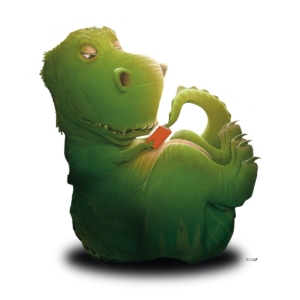 CSLP_2026_T-Rex_Reading A large green T-Rex lays on his back, feet up. He holds a small orange book in his little arms. The T-Rex's tail help turn the page.