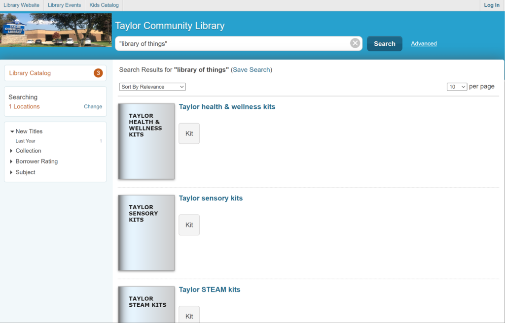 Snapshot of TCL catalog when looking up "library of things"