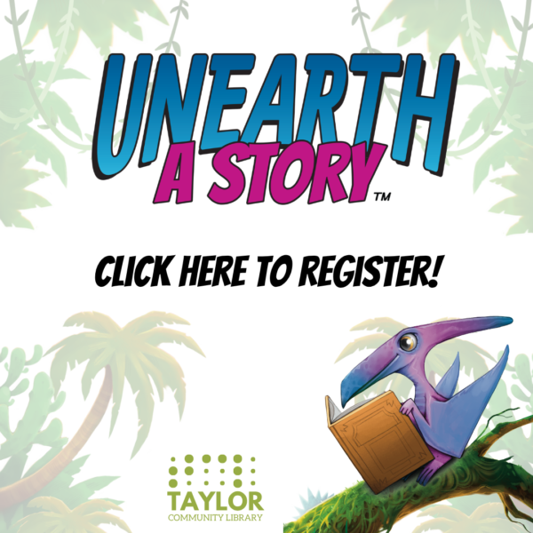 SRP Registration image Jungle background; A purple and blue pterodactyl sits on a branch reading a book. At the top of the image is the theme "Unearth a Story" printed in blue and purple. Underneath in black are the words "Click here to register!"