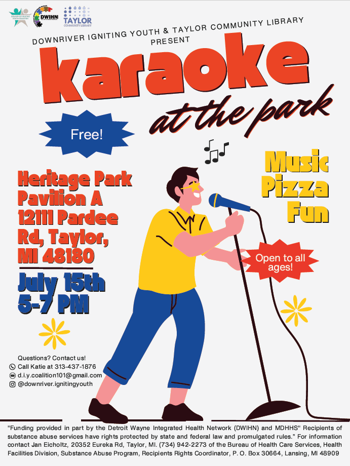 This image is a flyer for the Karaoke at the Park event. It has a cartoon person standing up at a microphone singing along with the name of the event, location, and details about the sponsor.