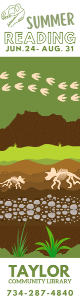 Summer reading '26 tall ad Animated image of bisected layers of earth/sediment starting with dirt then rocks, then dirt, then grass, then mountain. In the dirt layers lay two fossilized triceratop skeletons, one small and one large. At the very top of the image it reads "Summer Reading June 24 - August 31"