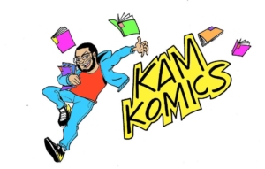KamKomics logo with a drawing of Kam wearing blue jeans, a red shirt, a blue hoodie, and black shoes. He is holding comics in his left arm, with his right arm out to the side near his name/logo. There are comic books floating around the image. 